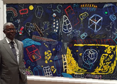 Floyd Newsum, After The Storm CNN, oil, acrylic, art on paper, 52 x 82” contemporary art, fine art,&nbsp; dark blue painting, Smithsonian, 
